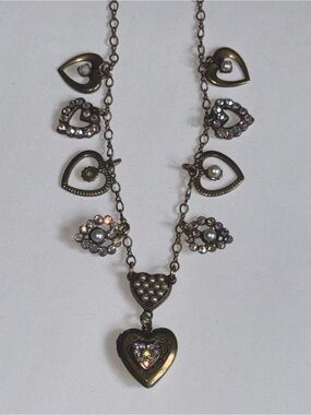 Y2KTop Shelf Jewelry Brass Charm Necklace Heart Locket AB Rhinestone Pearl AS IS